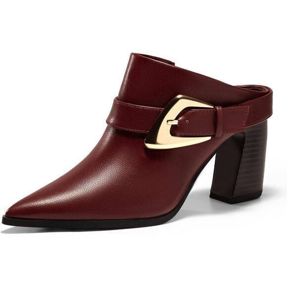 〽️Women\'s Wine Red Coutgo Pointed Chunky Heel Slip On Dress Stacked Booties